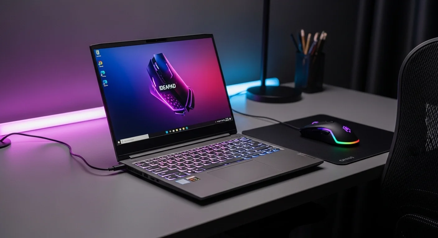 Una computadora portátil Lenovo IdeaPad Gaming 3 mostrando su teclado retroiluminado sobre un escritorio con accesorios de tecnología.