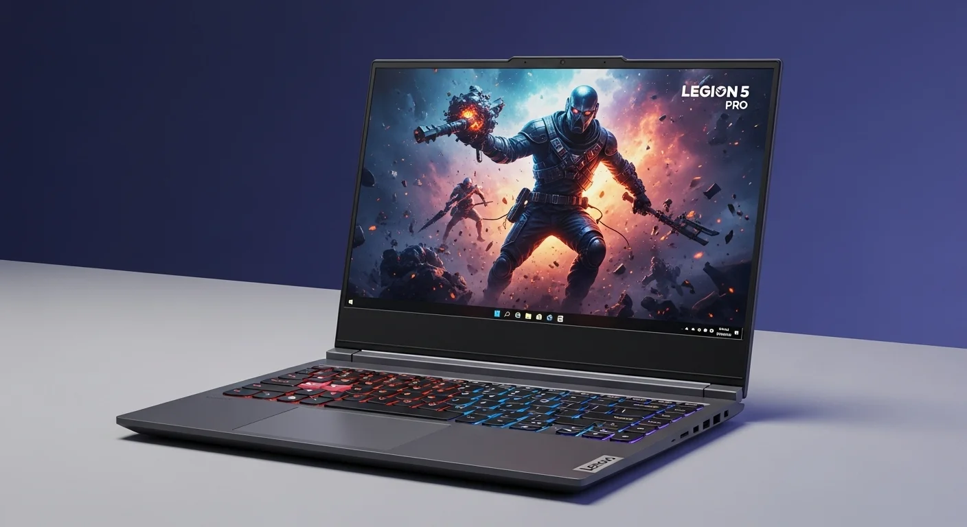 Una computadora portátil Lenovo Legion 5 Pro abierta, mostrando su teclado retroiluminado y pantalla con una imagen de juego vibrante, simbolizando la potencia de las computadoras modernas para gaming.