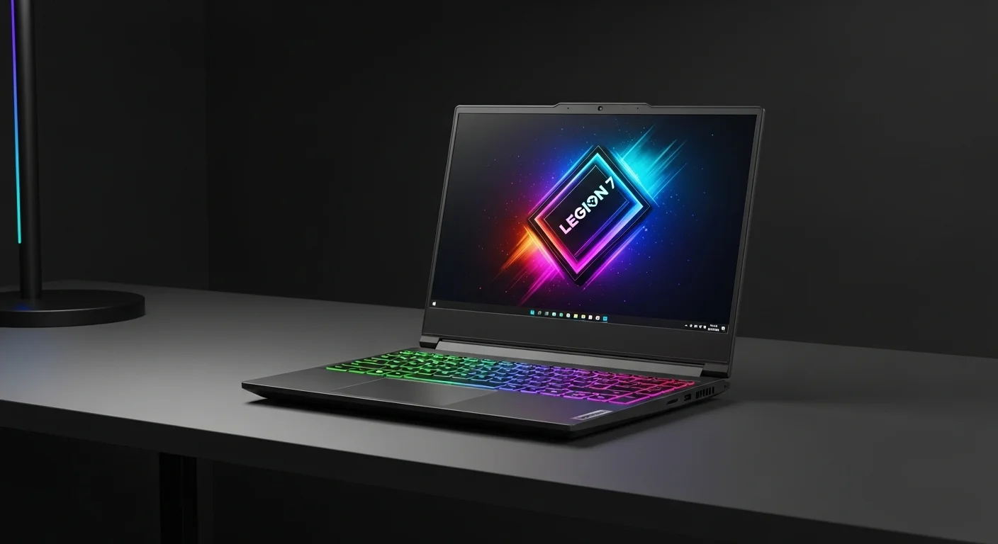 Una computadora portátil Lenovo Legion 7 sobre un escritorio con iluminación RGB, mostrando su potencia y diseño para gaming y tecnología.