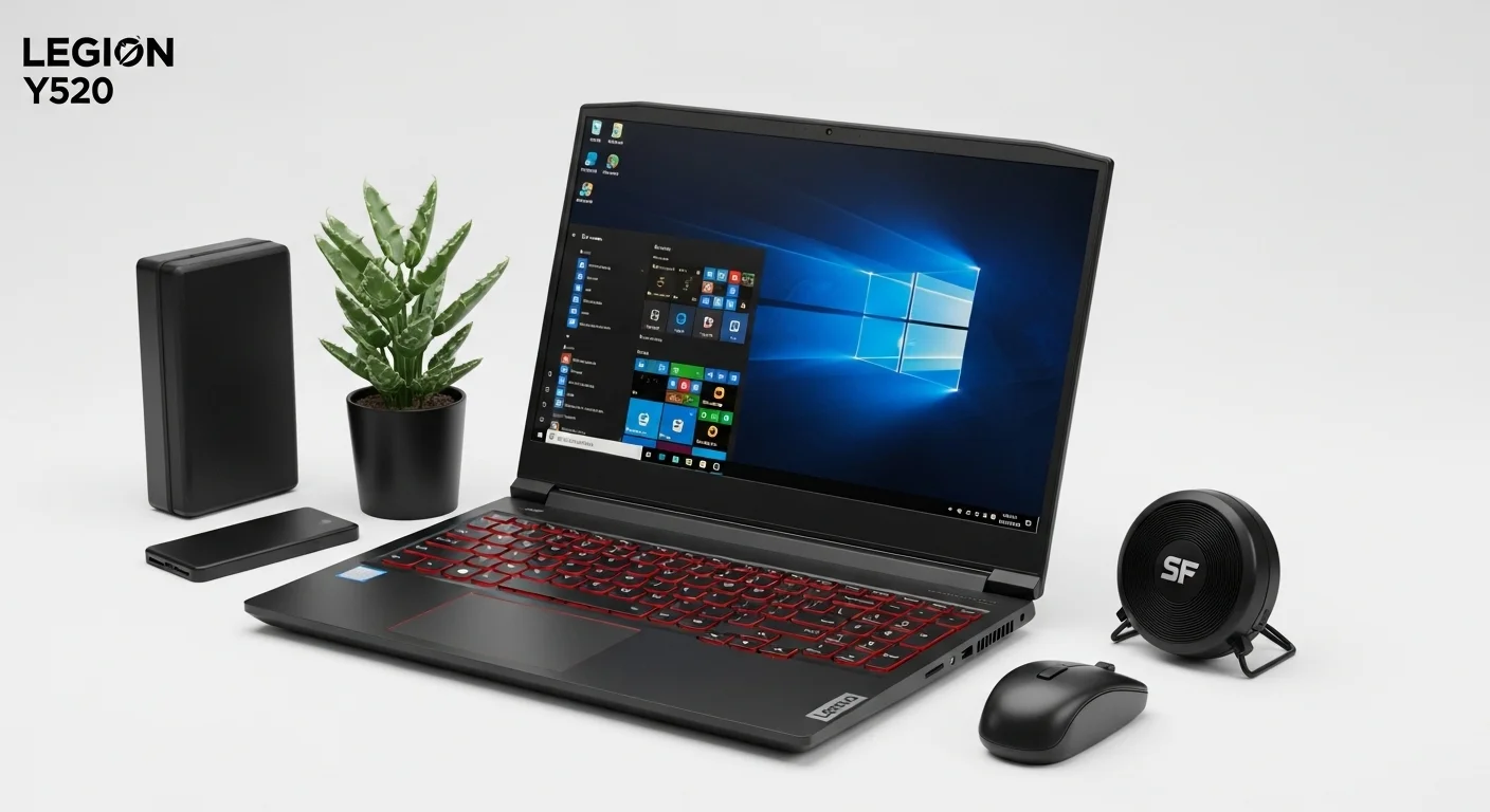 Una computadora portátil Lenovo Legion Y520 abierta mostrando su teclado retroiluminado en rojo sobre un escritorio con accesorios de tecnología.