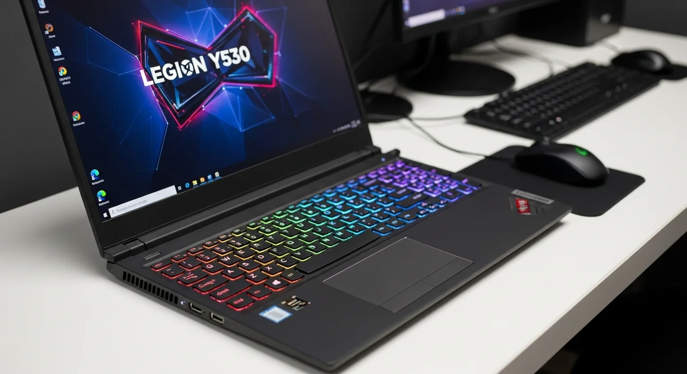 Una computadora portátil Lenovo Legion Y530 abierta sobre un escritorio, mostrando su teclado retroiluminado y su diseño elegante, representando el análisis de computadoras y tecnología.