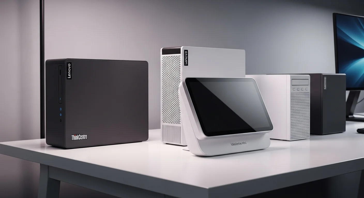 Una composición de varias computadoras Lenovo Mini, incluyendo un ThinkCentre Tiny y un IdeaCentre Mini, mostrando su diseño compacto y profesional en un escritorio moderno.