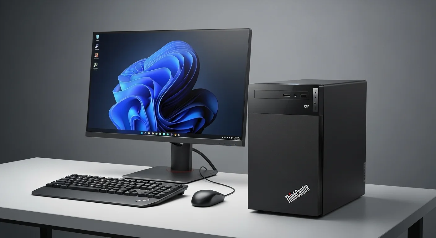 Una computadora Lenovo SFF ThinkCentre en un escritorio moderno junto a un monitor y teclado, mostrando su diseño compacto y profesional.