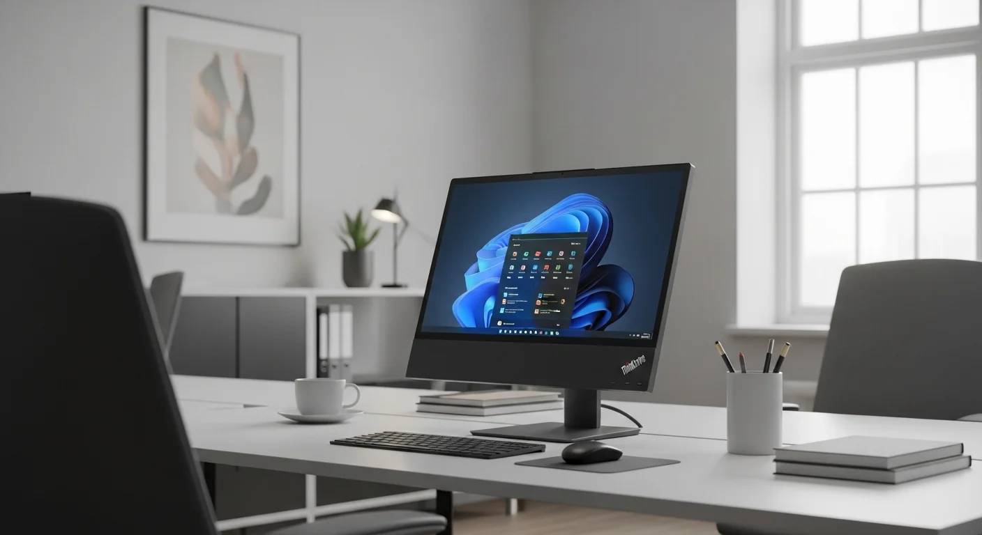Una computadora Lenovo Thinkcentre All-in-One en un escritorio de oficina moderno y minimalista, mostrando su diseño elegante.