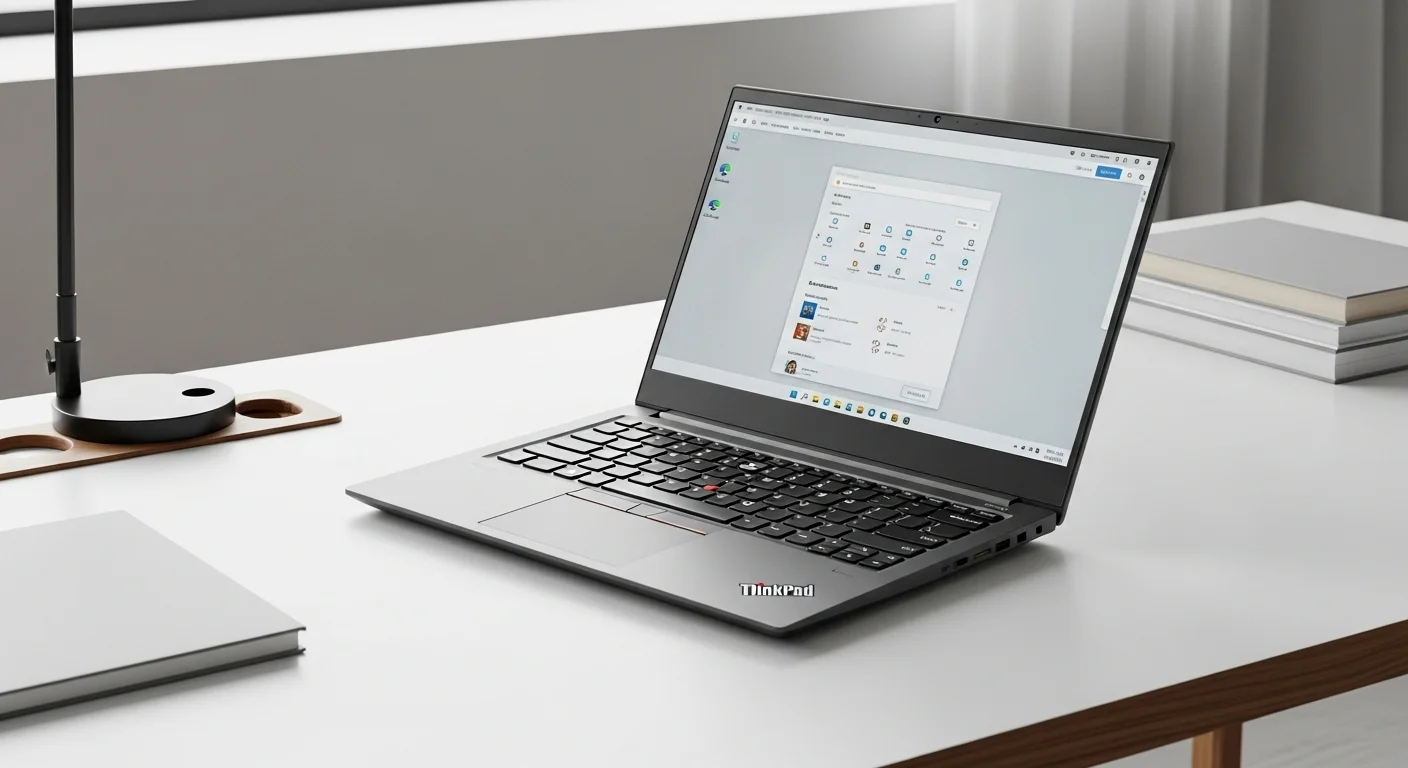 Laptop Lenovo ThinkPad i5 en un escritorio de oficina moderno, mostrando su diseño profesional y robusto.