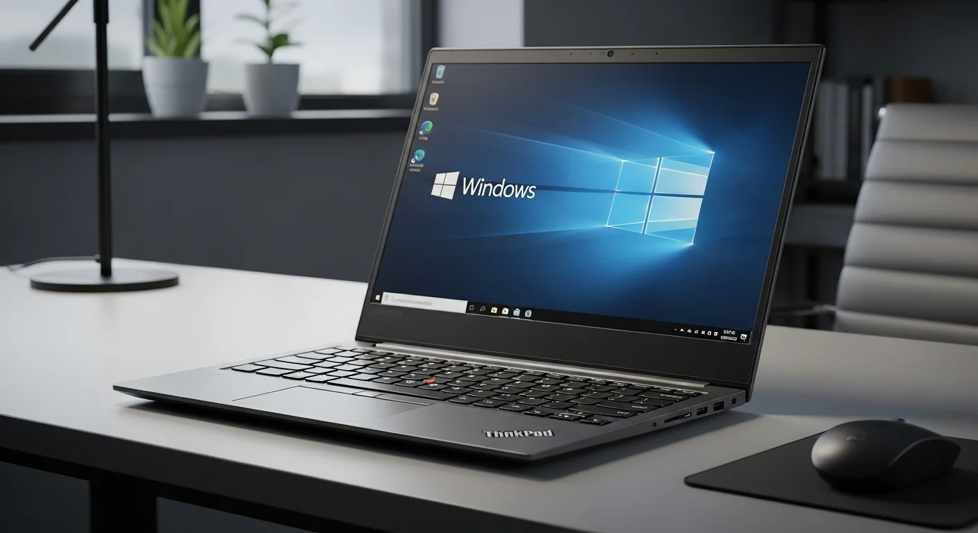Una computadora portátil Lenovo ThinkPad L15 Gen 3 en un escritorio de oficina, mostrando su teclado y pantalla con el logo de Windows.