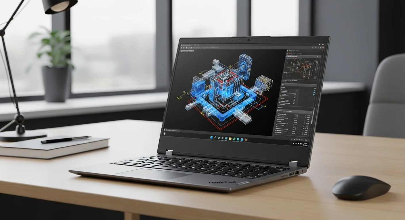 Una computadora portátil Lenovo ThinkPad P15 abierta sobre un escritorio de oficina, mostrando una gráfica de ingeniería en pantalla, simbolizando la tecnología y la potencia profesional.