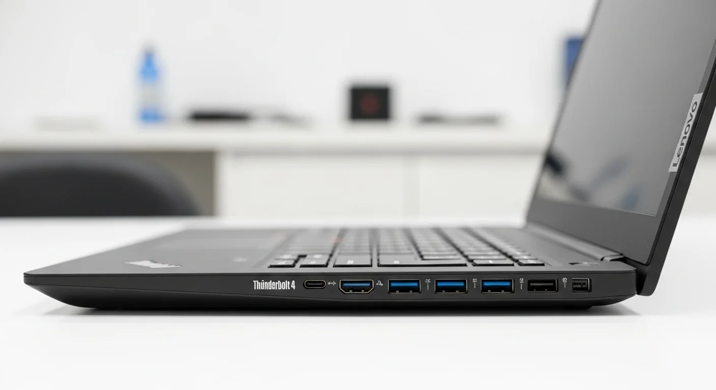 Vista lateral de una computadora Lenovo ThinkPad P15 Gen 2 destacando su amplia selección de puertos, incluyendo Thunderbolt 4, USB-A y HDMI.