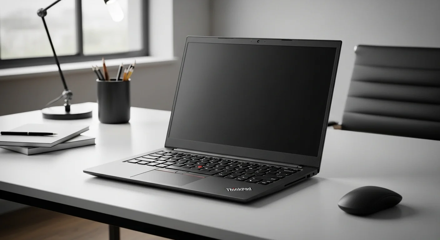 Una computadora laptop Lenovo Thinkpad en un escritorio de oficina moderno, mostrando su diseño profesional y teclado icónico.