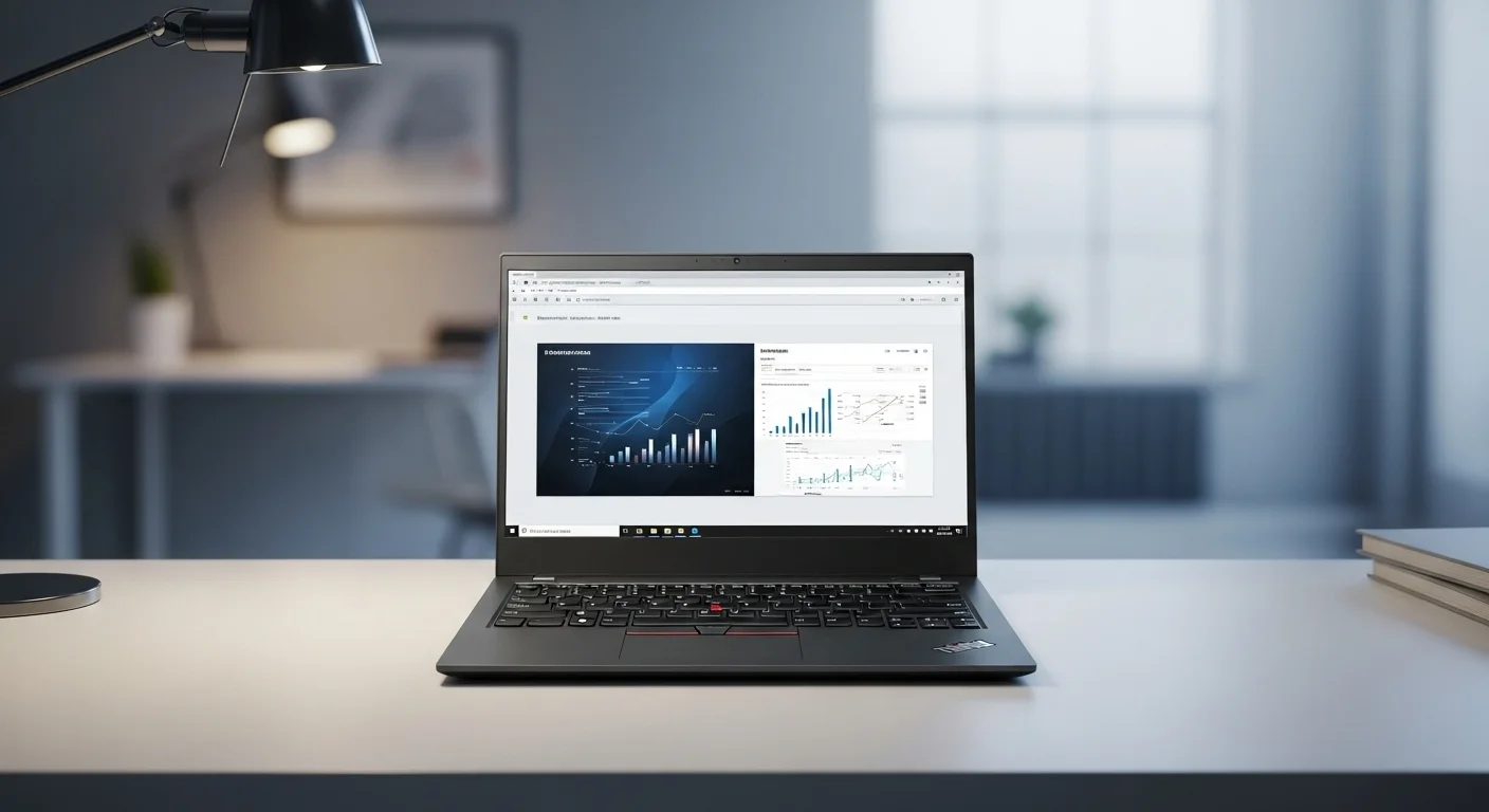 Laptop Lenovo ThinkPad T14 Gen 1 negra sobre un escritorio de oficina moderno, mostrando su teclado icónico y pantalla encendida con gráficos de negocios.