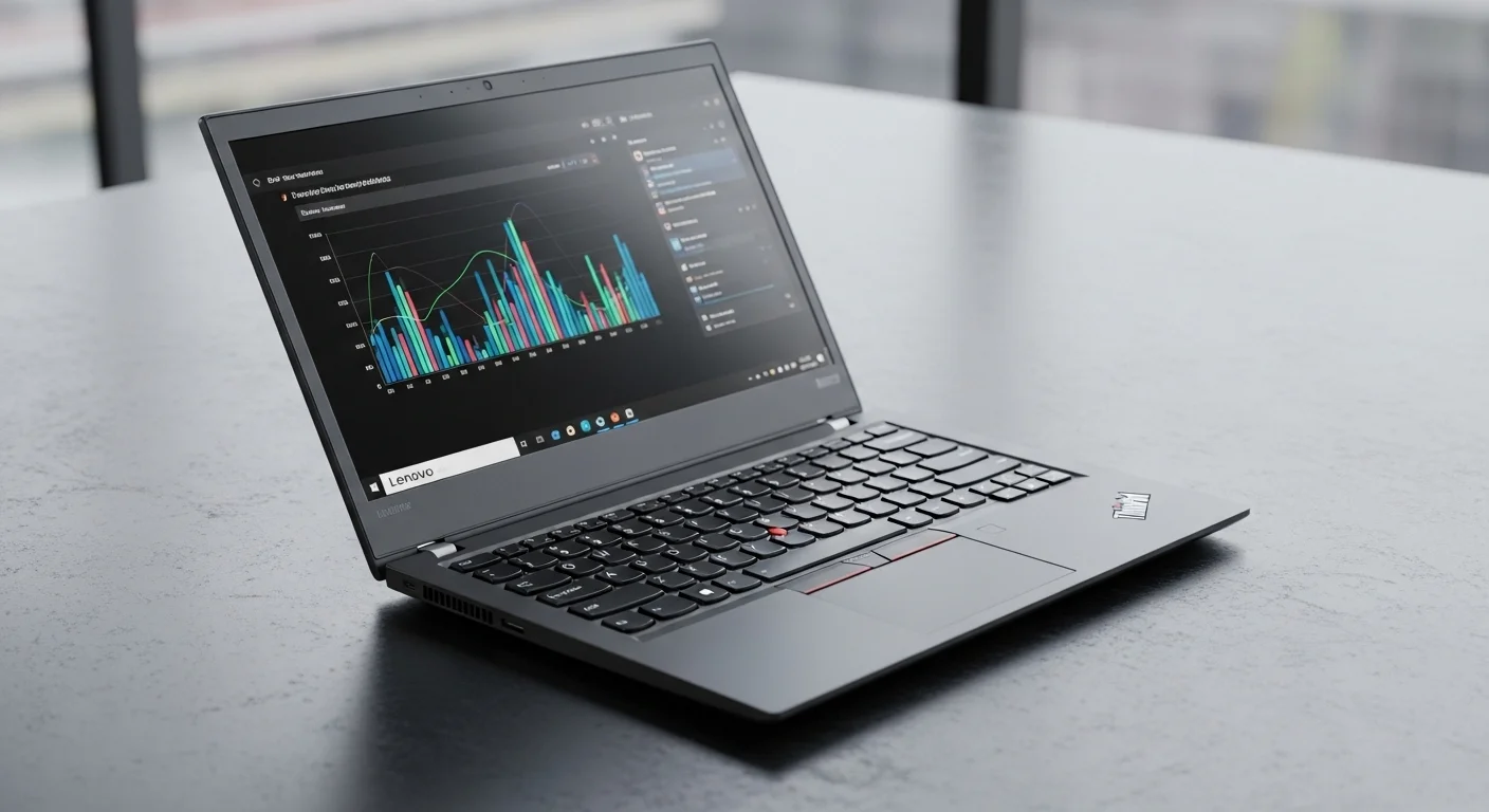 Una computadora portátil Lenovo ThinkPad T15 Gen 2 abierta sobre una superficie limpia, mostrando su pantalla y el clásico teclado ThinkPad con TrackPoint rojo.