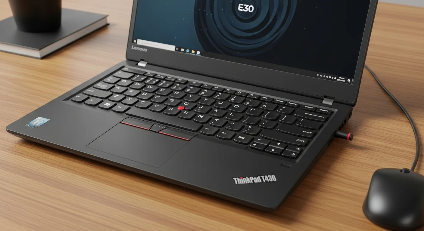 Una computadora portátil Lenovo ThinkPad T430 abierta sobre un escritorio de madera, mostrando su clásico teclado y el TrackPoint rojo.