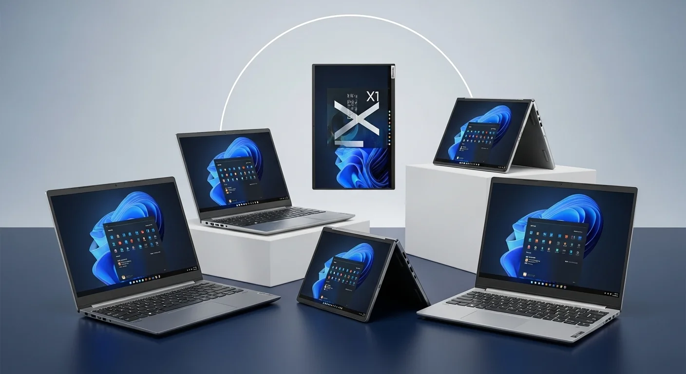 Una composición de varias computadoras de la serie Lenovo X1, mostrando el X1 Carbon, X1 Yoga y el innovador X1 Fold sobre un fondo tecnológico y minimalista.