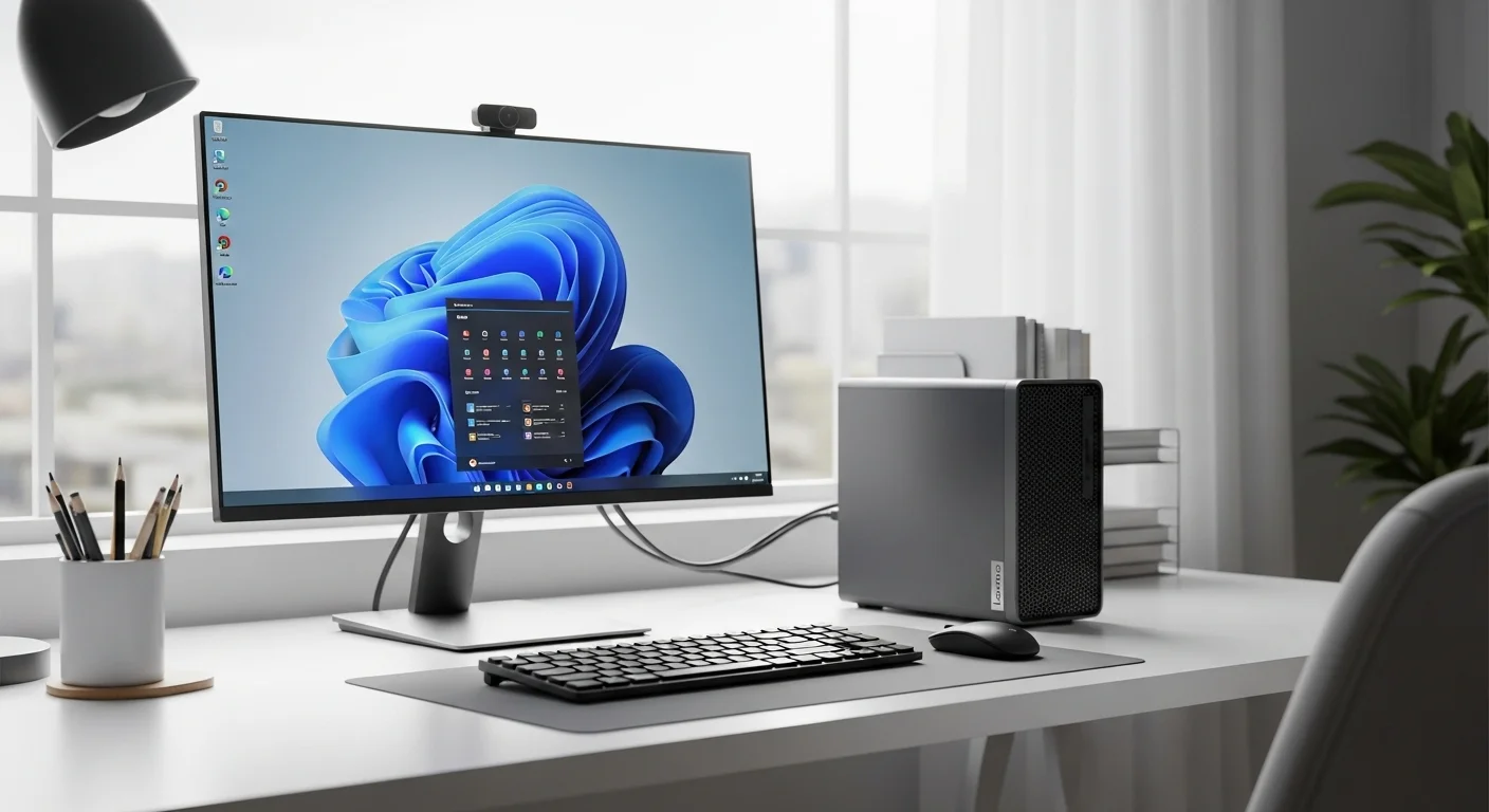 Una computadora Lenovo Tiny M70q en un escritorio moderno junto a un monitor y teclado, mostrando un espacio de trabajo minimalista y tecnológico.