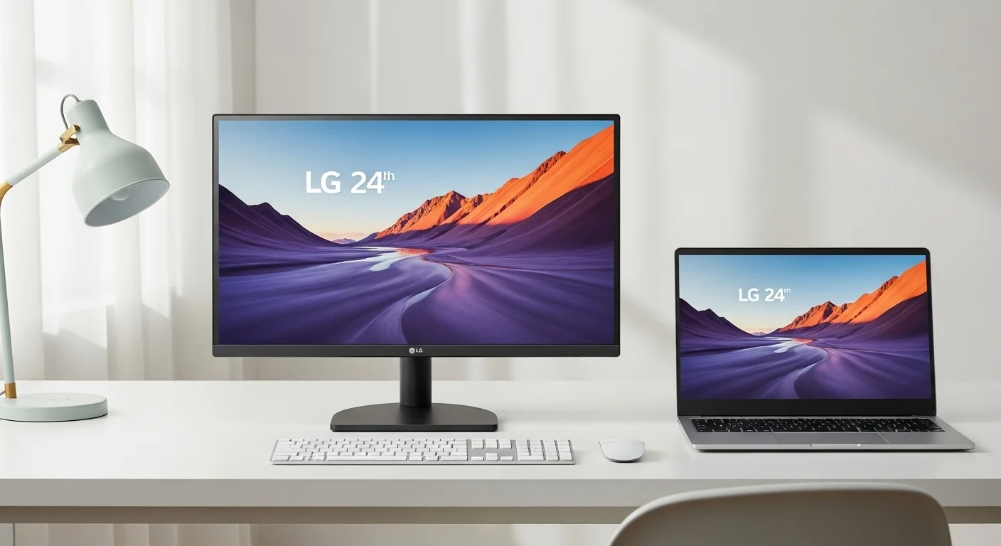 Monitor Lg 24 en un escritorio moderno junto a una computadora portátil, mostrando la versatilidad de la tecnología LG.