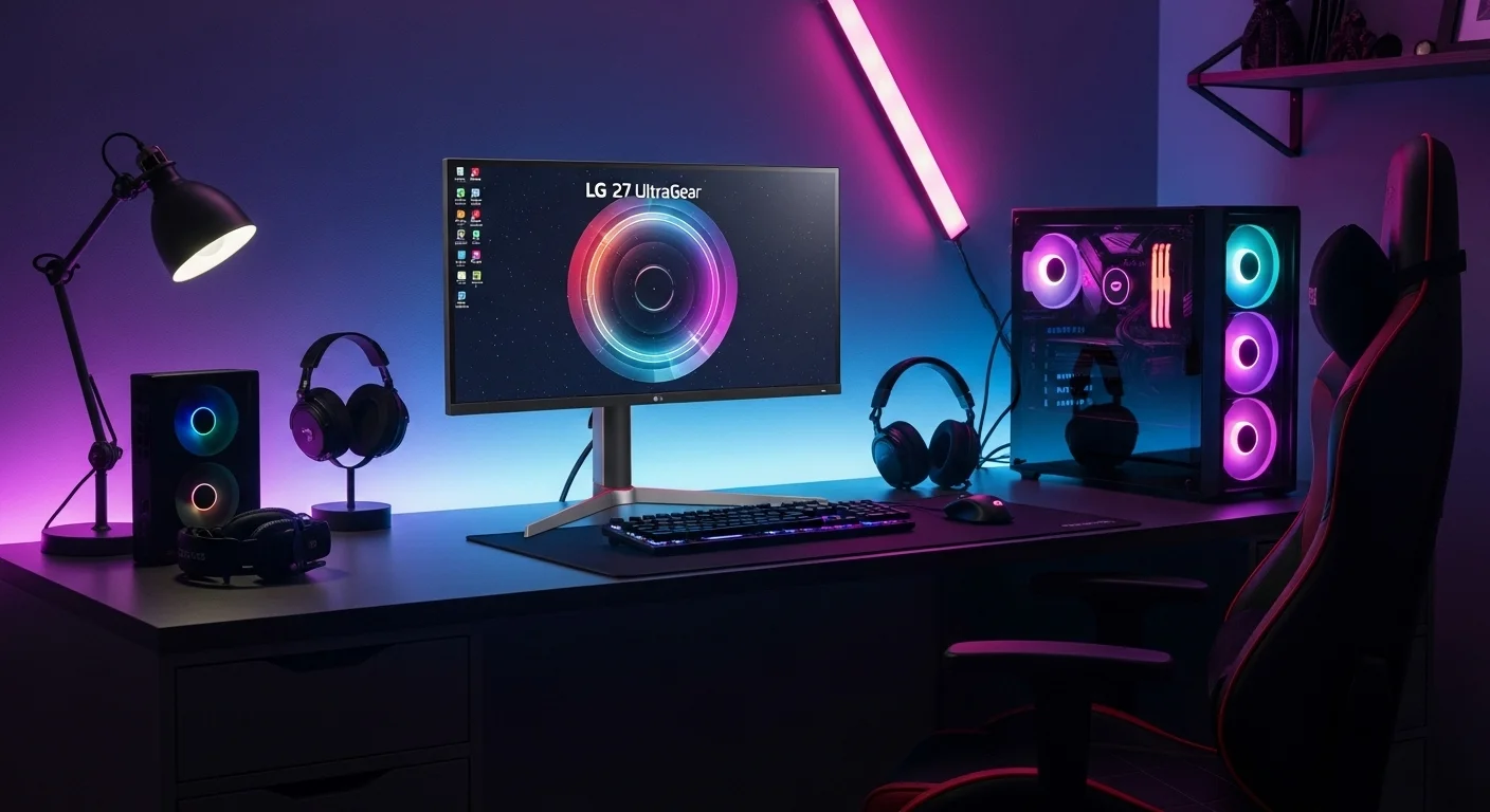 Monitor LG 27 UltraGear en un escritorio de computadoras gaming con luces RGB.