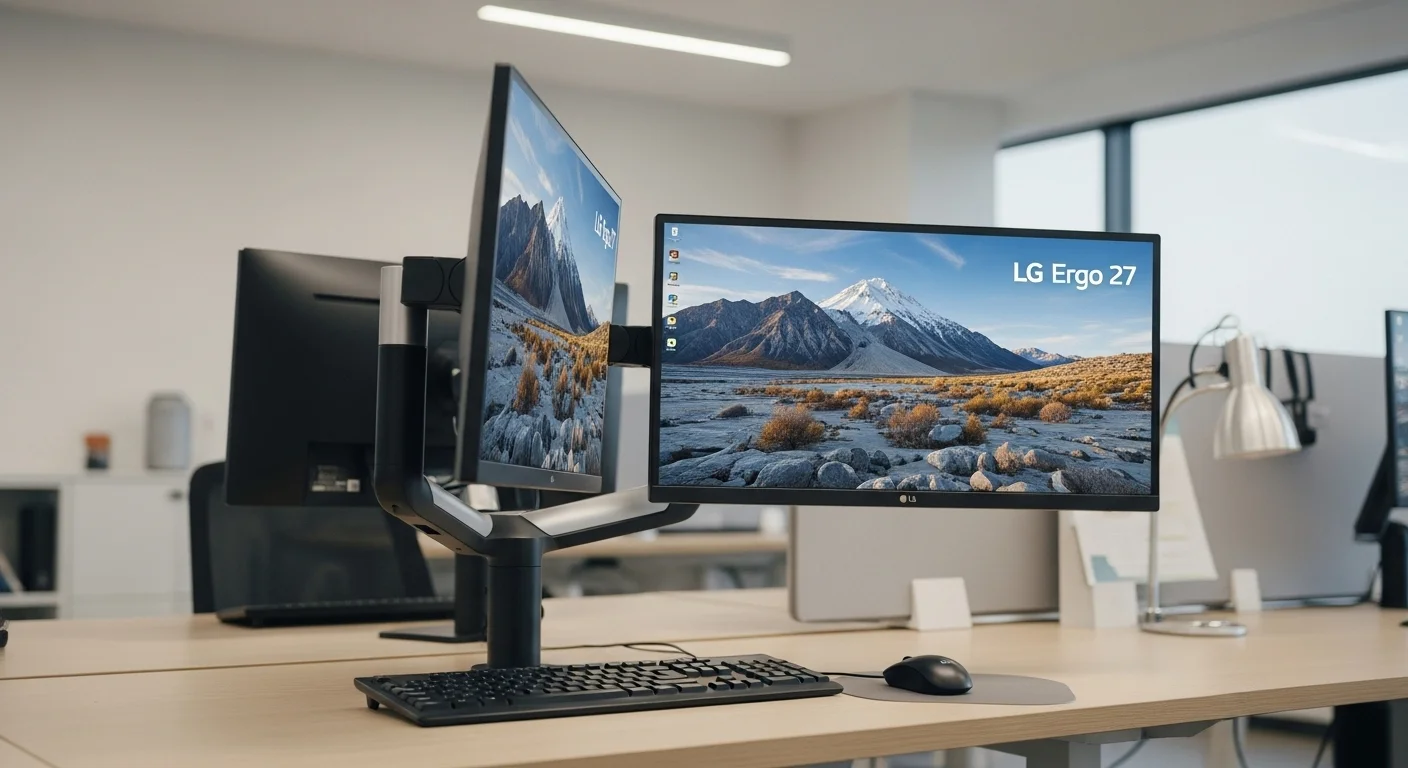 Monitor LG Ergo 27 en un entorno de oficina moderno, demostrando su flexibilidad.