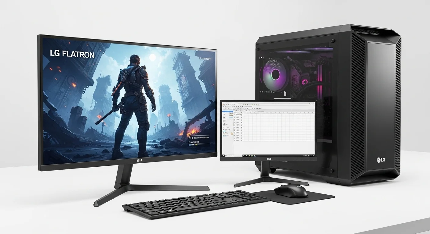 Un setup de computadora moderno que incluye un monitor LG Flatron como pantalla secundaria, mostrando su relevancia actual.