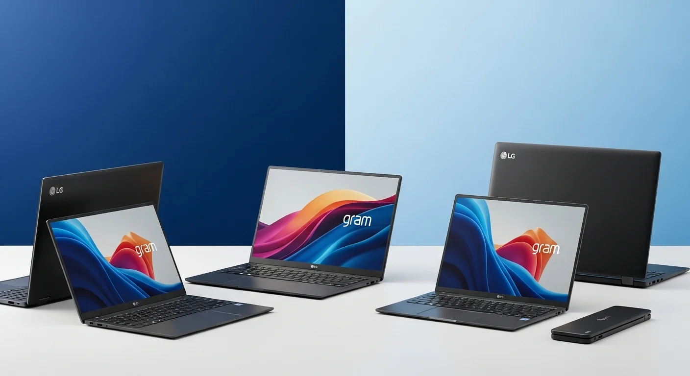 Una composición de varias computadoras portátiles LG Gram de diferentes tamaños, destacando su diseño delgado y ligero sobre un fondo tecnológico.