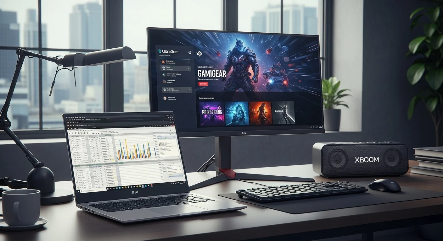 Ecosistema completo de LG con una computadora laptop LG Gram, un monitor LG UltraGear y una bocina LG XBOOM, mostrando la sinergia tecnológica.