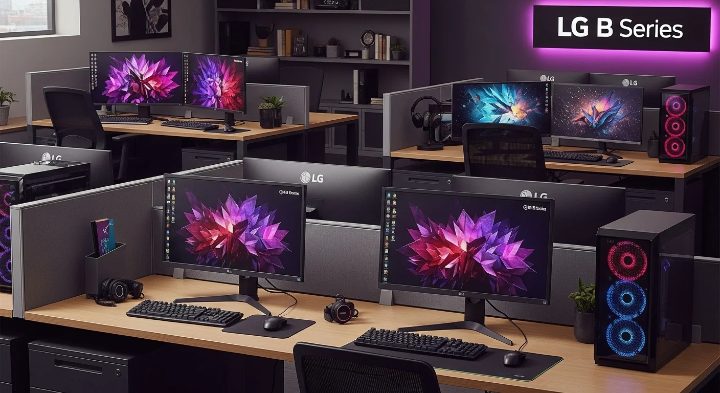 Una configuración de escritorio moderna con varias computadoras mostrando la diversa gama de monitores LG serie B, incluyendo modelos de gaming y profesionales.