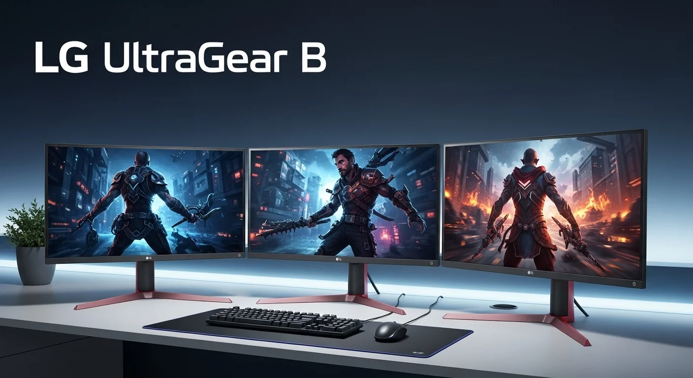 Una composición de varios monitores LG UltraGear B mostrando videojuegos vibrantes, representando la potencia de las computadoras gaming modernas