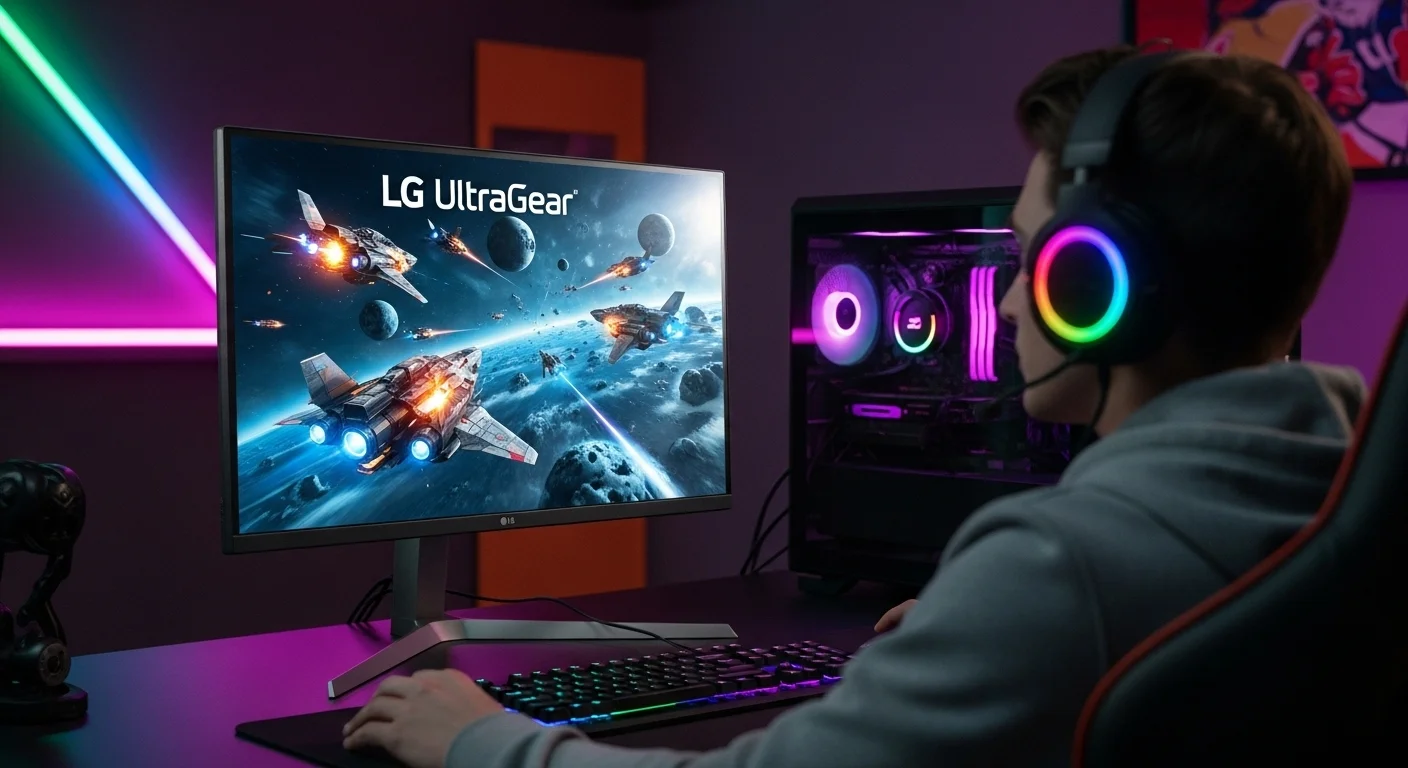 Setup de gaming profesional con un monitor LG UltraGear iluminado con luces RGB, mostrando un juego de alta acción en una computadora de alto rendimiento.