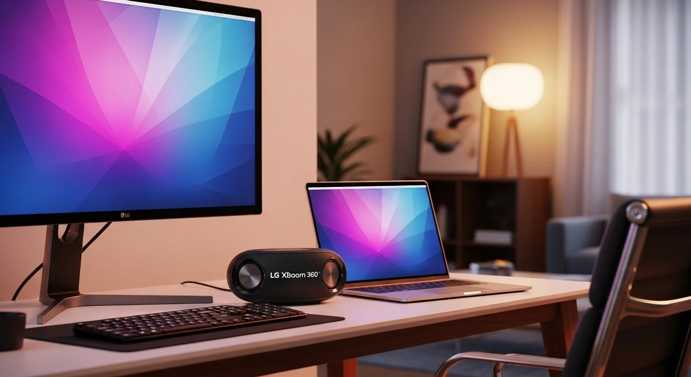 Un moderno setup de oficina en casa con un monitor de computadora grande, una laptop y una elegante bocina LG Xboom 360 en el escritorio, demostrando la integración de tecnología y audio.