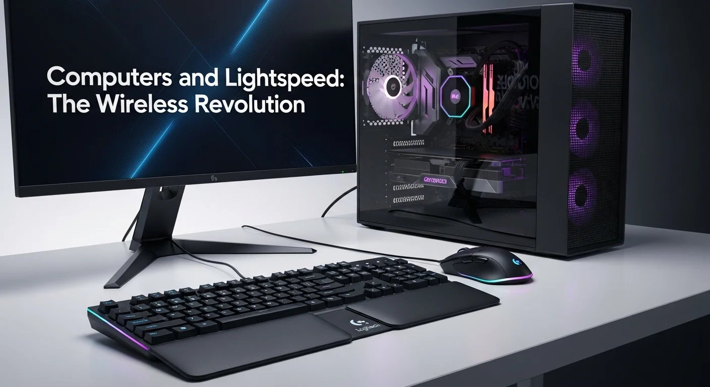 Un escritorio moderno con varios periféricos Logitech Lightspeed, incluyendo un teclado y un mouse, junto a una potente computadora de gaming.