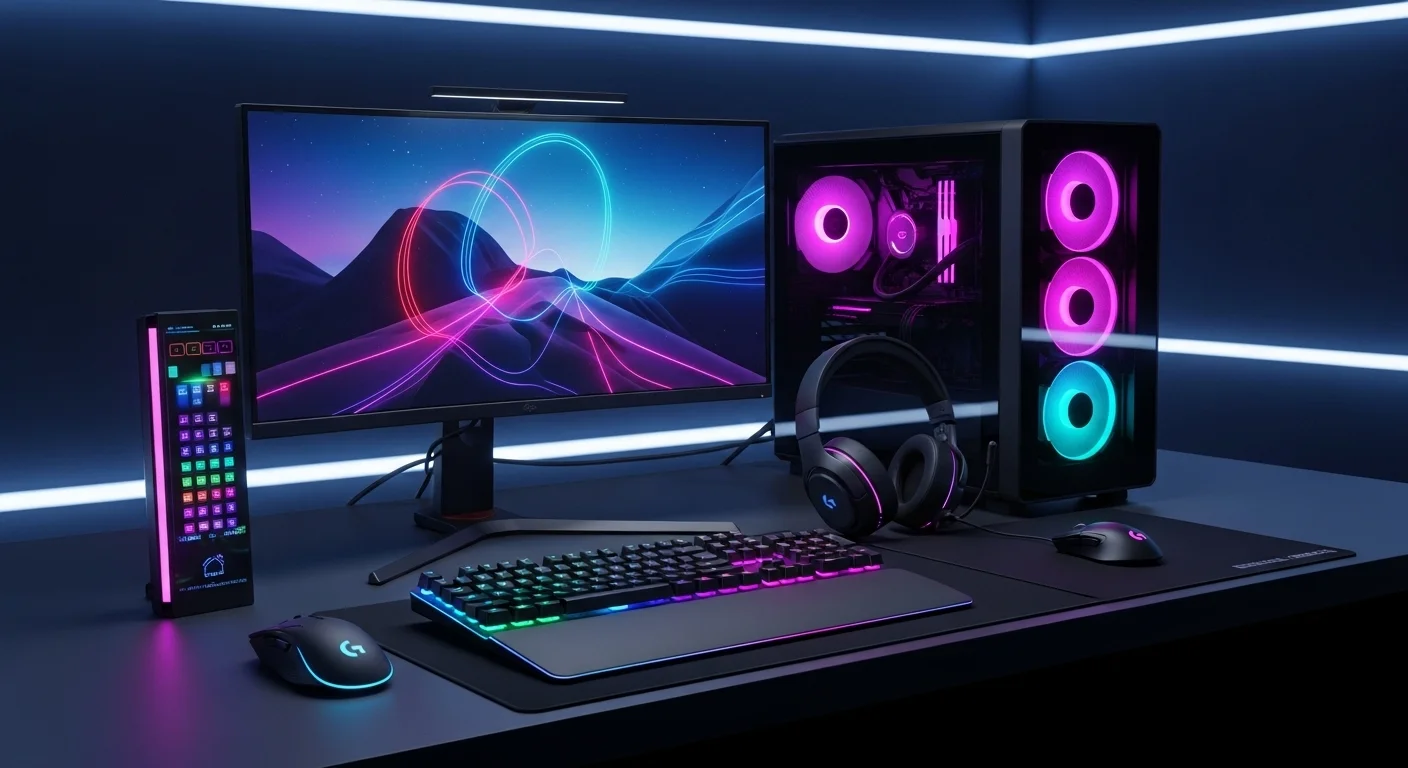 Setup de computadoras con múltiples periféricos Logitech, como un teclado, un ratón g203 lightsync y auriculares, todos sincronizados con la iluminación RGB de la tecnología Lightsync