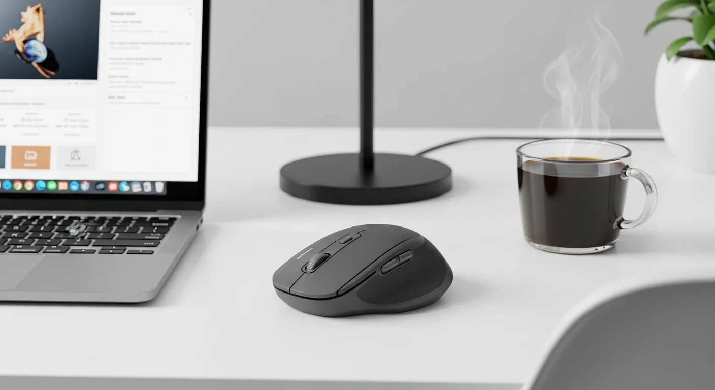 Mouse Logitech Anywhere 3 color grafito sobre un escritorio moderno junto a una laptop y una taza de café, representando un entorno de trabajo eficiente con computadoras y accesorios de alta tecnología.