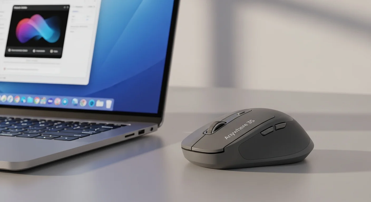 Una imagen del ratón Logitech MX Anywhere 3S sobre un escritorio moderno junto a una laptop, mostrando su diseño compacto y profesional para computadoras.