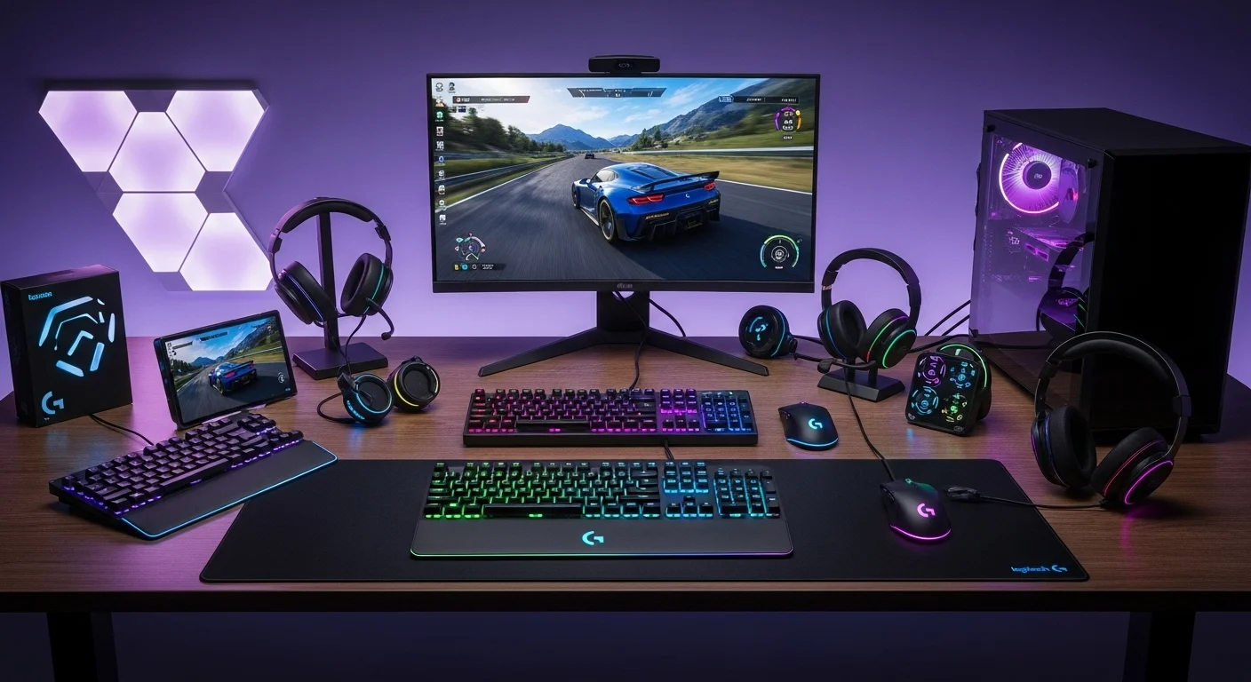Escritorio de gaming con múltiples periféricos Logitech G iluminados, mostrando la sinergia de computadoras y accesorios de la marca