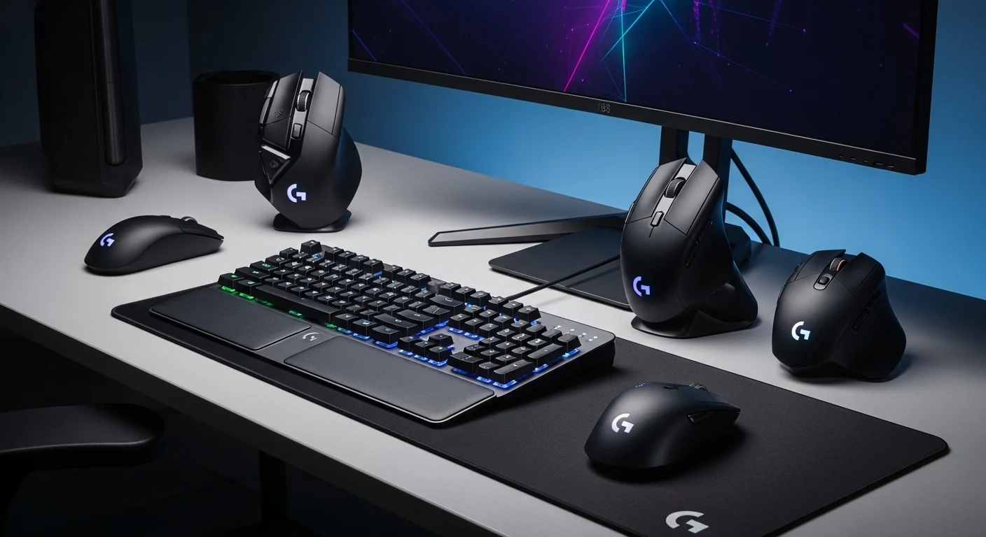Colección de periféricos Logitech G, incluyendo ratones y teclados, dispuestos en un escritorio de computadora moderno