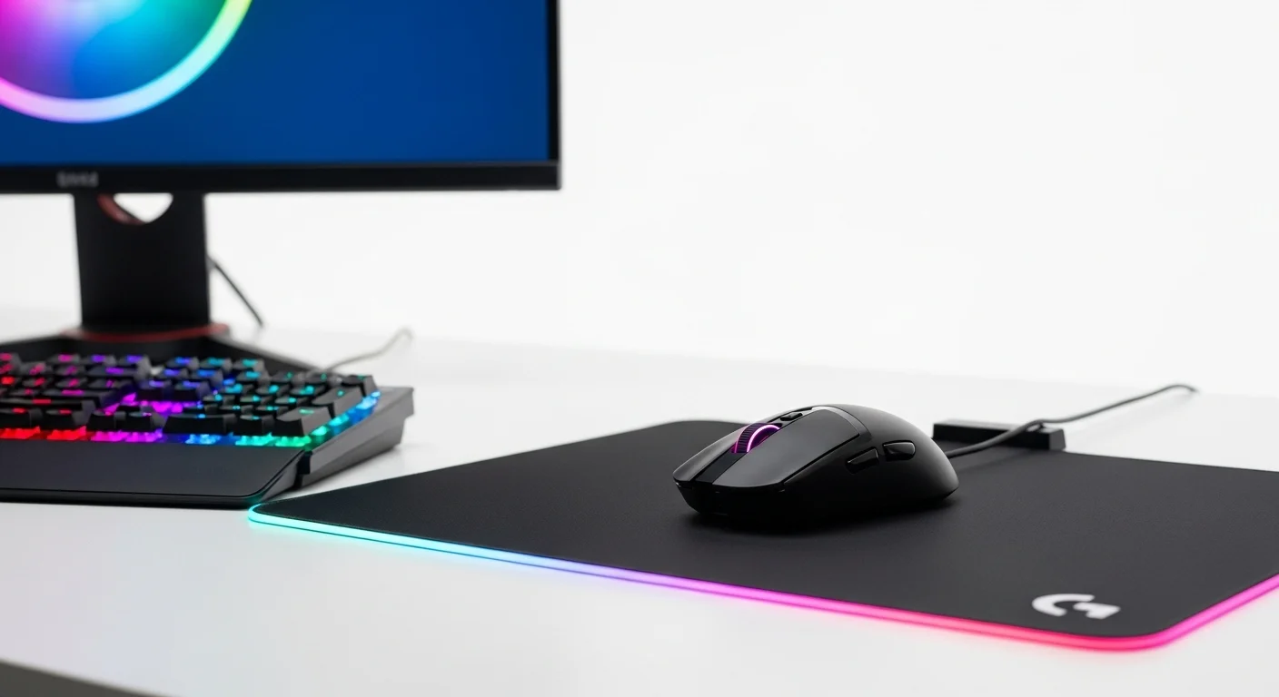 Mouse Logitech G102 LIGHTSYNC sobre una alfombrilla iluminada, parte de un setup de computadoras para gaming con teclado y monitor RGB.