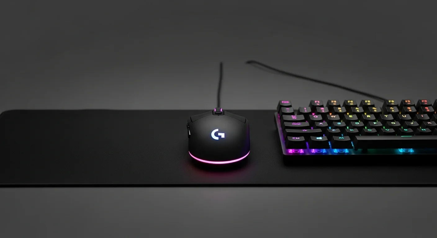 Mouse Logitech G203 Lightsync sobre un mousepad junto a un teclado iluminado, mostrando su integración en un setup de computadoras gaming.