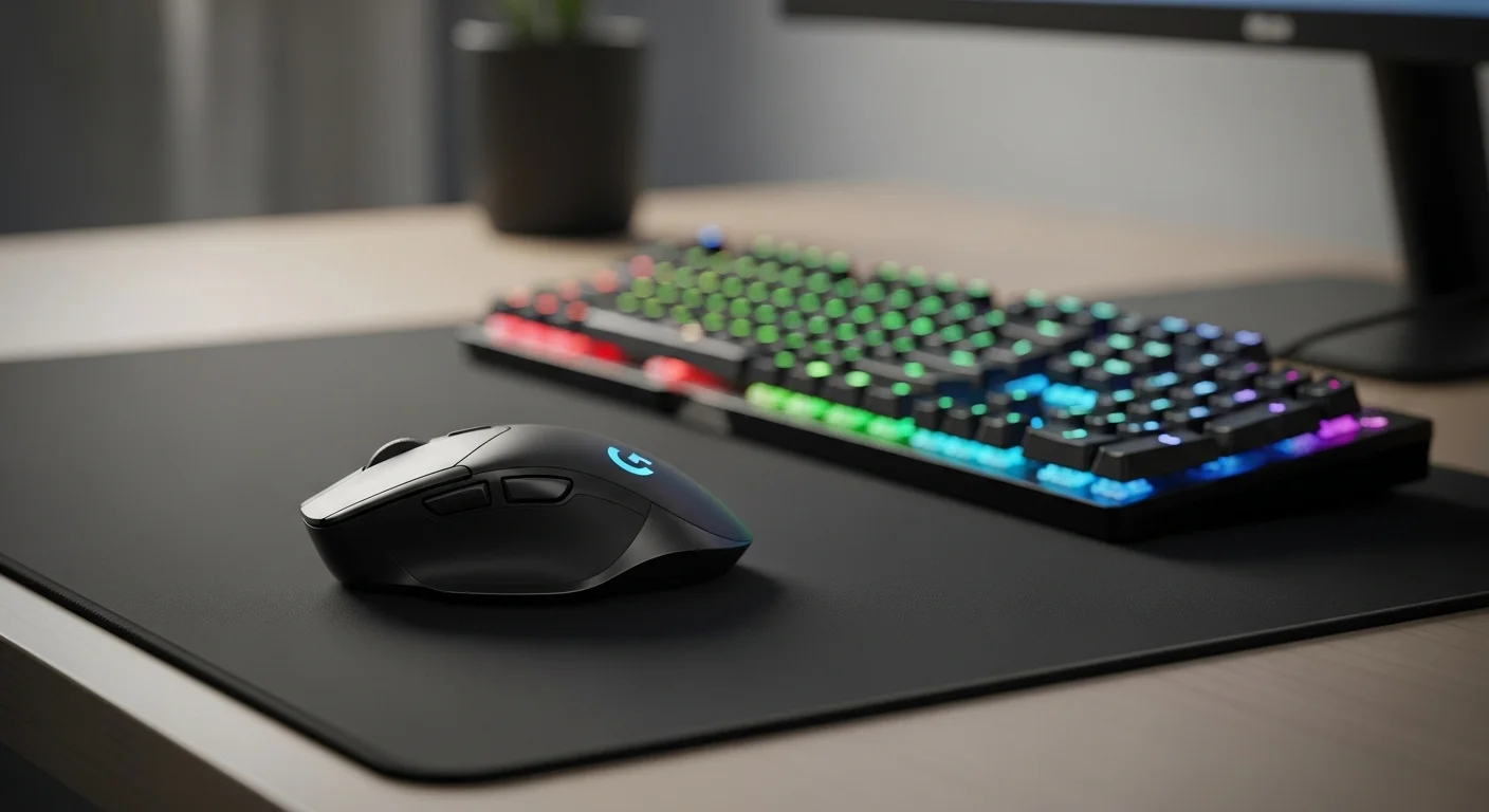 Mouse Logitech G305 sobre una alfombrilla junto a un teclado iluminado, representando un setup de computadoras gaming de alto rendimiento.