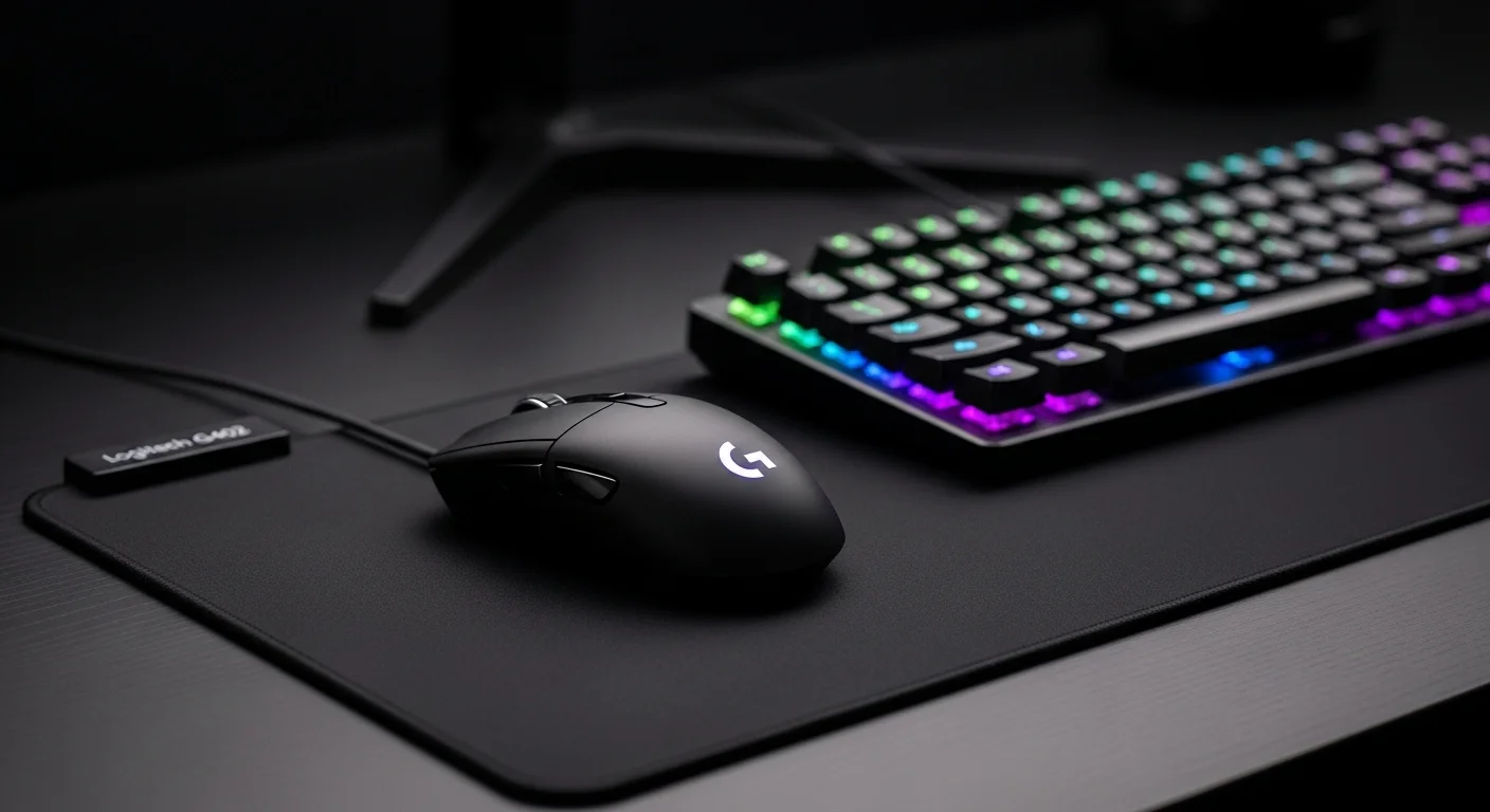 Mouse Logitech G402 Hyperion Fury sobre una alfombrilla gaming junto a un teclado iluminado, representando un setup de computadoras de alto rendimiento.