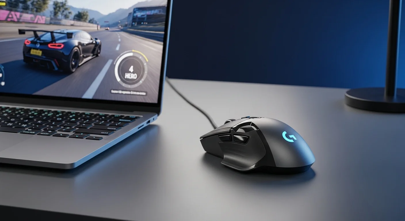 Ratón Logitech G403 HERO sobre un escritorio junto a una computadora portátil, destacando la tecnología para computadoras