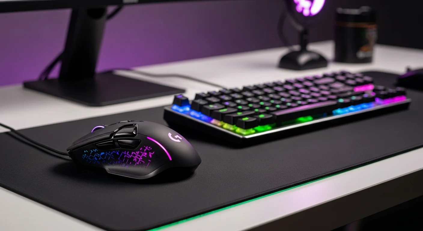 Mouse Logitech G502 Hero sobre un escritorio junto a un teclado de computadora para gaming con iluminación RGB