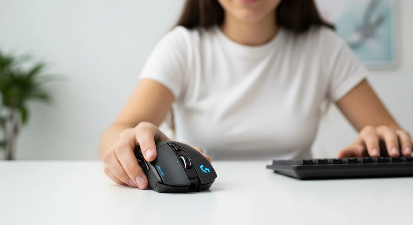 Una persona sosteniendo un mouse Logitech G 502 Hero, mostrando su forma ergonómica ideal para computadoras.