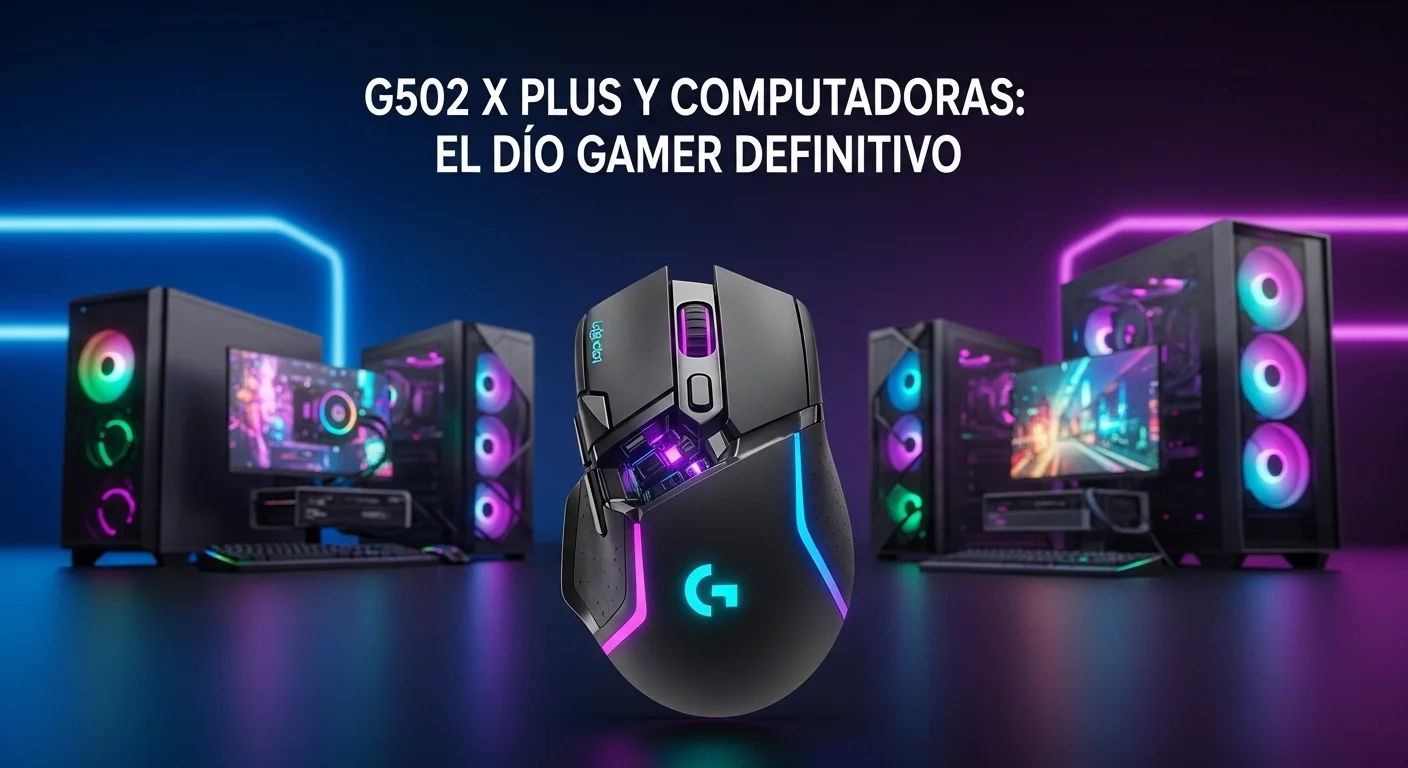 Mouse inalámbrico Logitech G502 X Plus con iluminación RGB junto a computadoras de alto rendimiento para gaming.