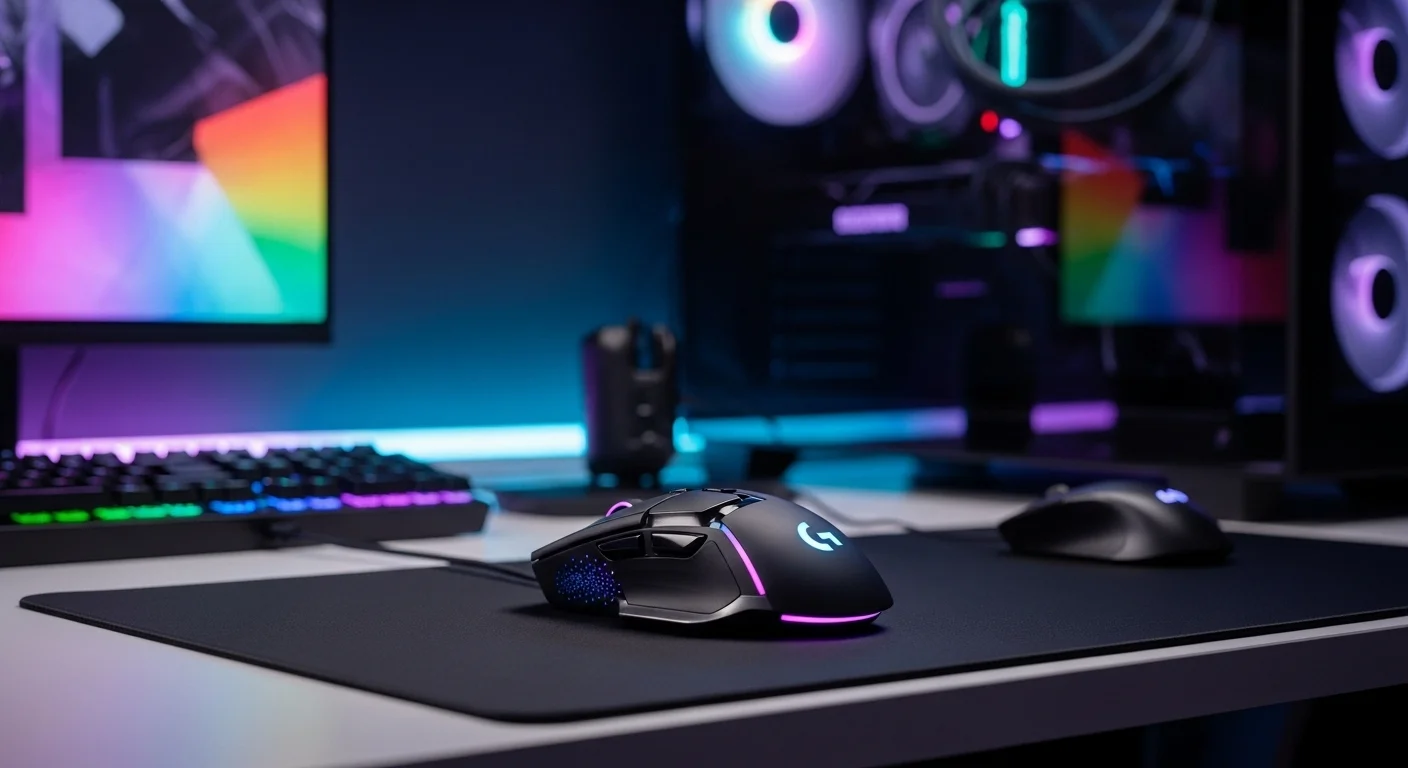 Mouse Logitech G502 X Plus iluminado con RGB sobre un escritorio con computadoras y tecnología gaming.