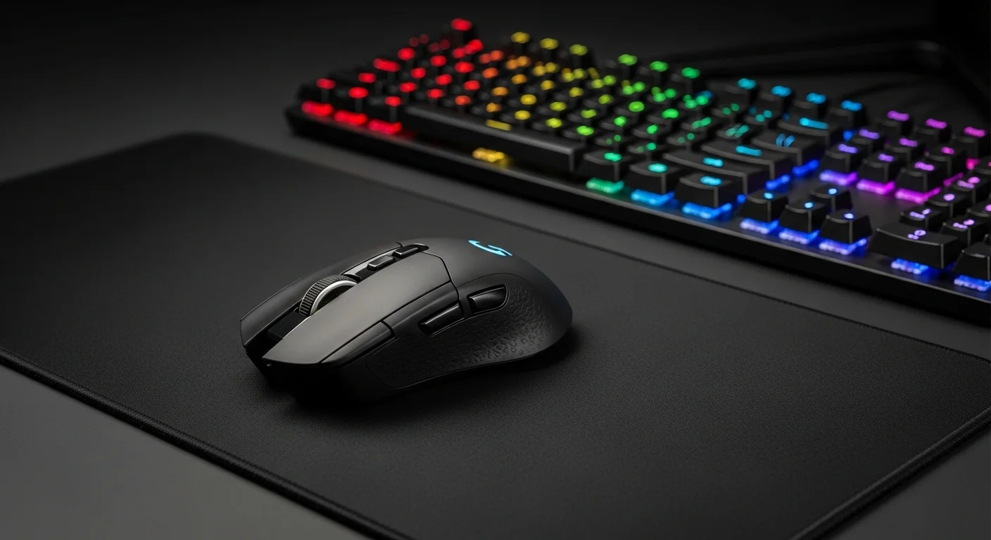 Mouse inalámbrico Logitech G703 HERO sobre una alfombrilla junto a un teclado iluminado, representando un setup de computadoras de alto rendimiento.