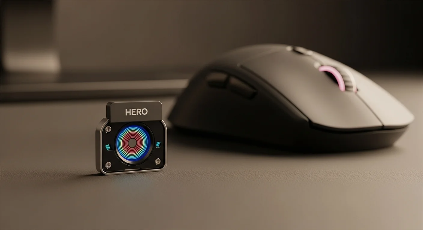 Primer plano del sensor Logitech Hero con un mouse para computadoras de fondo, simbolizando precisión y tecnología avanzada.