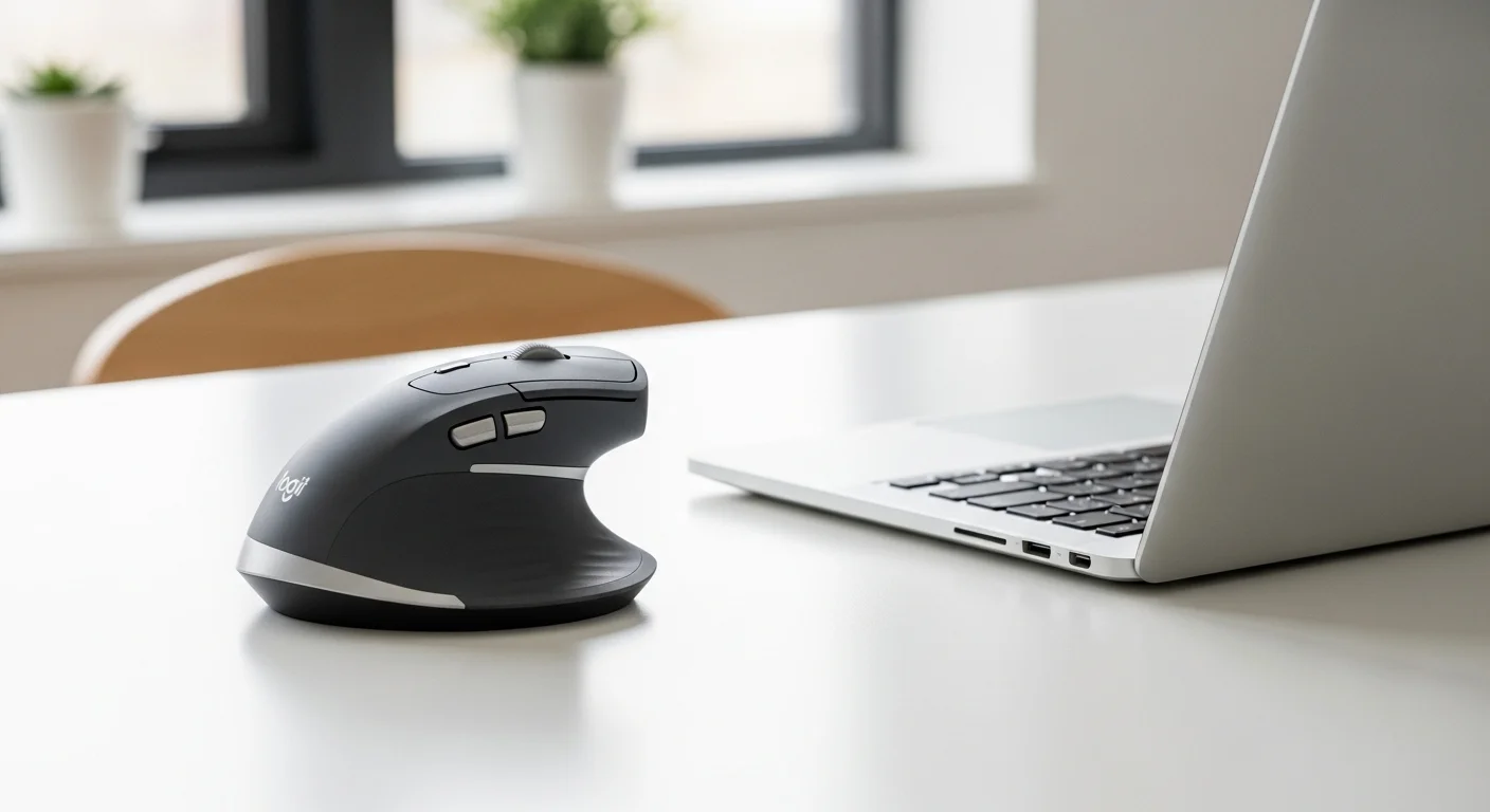 Mouse ergonómico Logitech Lift Vertical en un escritorio moderno junto a una laptop, representando comodidad para computadoras.