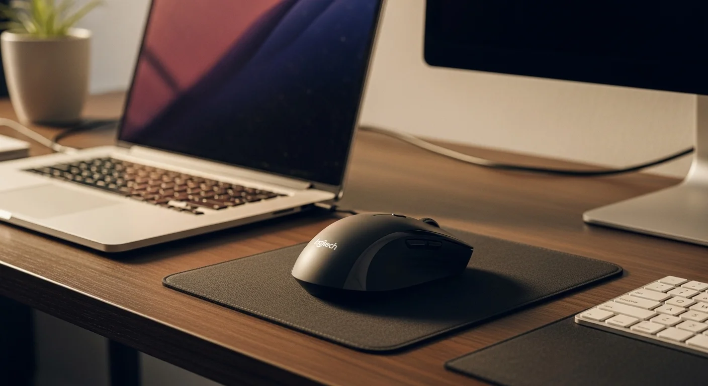 Mouse Logitech M190 sobre un escritorio junto a una laptop y otros accesorios de computadoras.