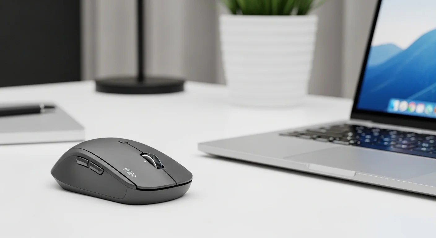 Mouse Logitech M280 sobre un escritorio junto a una laptop, representando un entorno de trabajo con computadoras y tecnología.