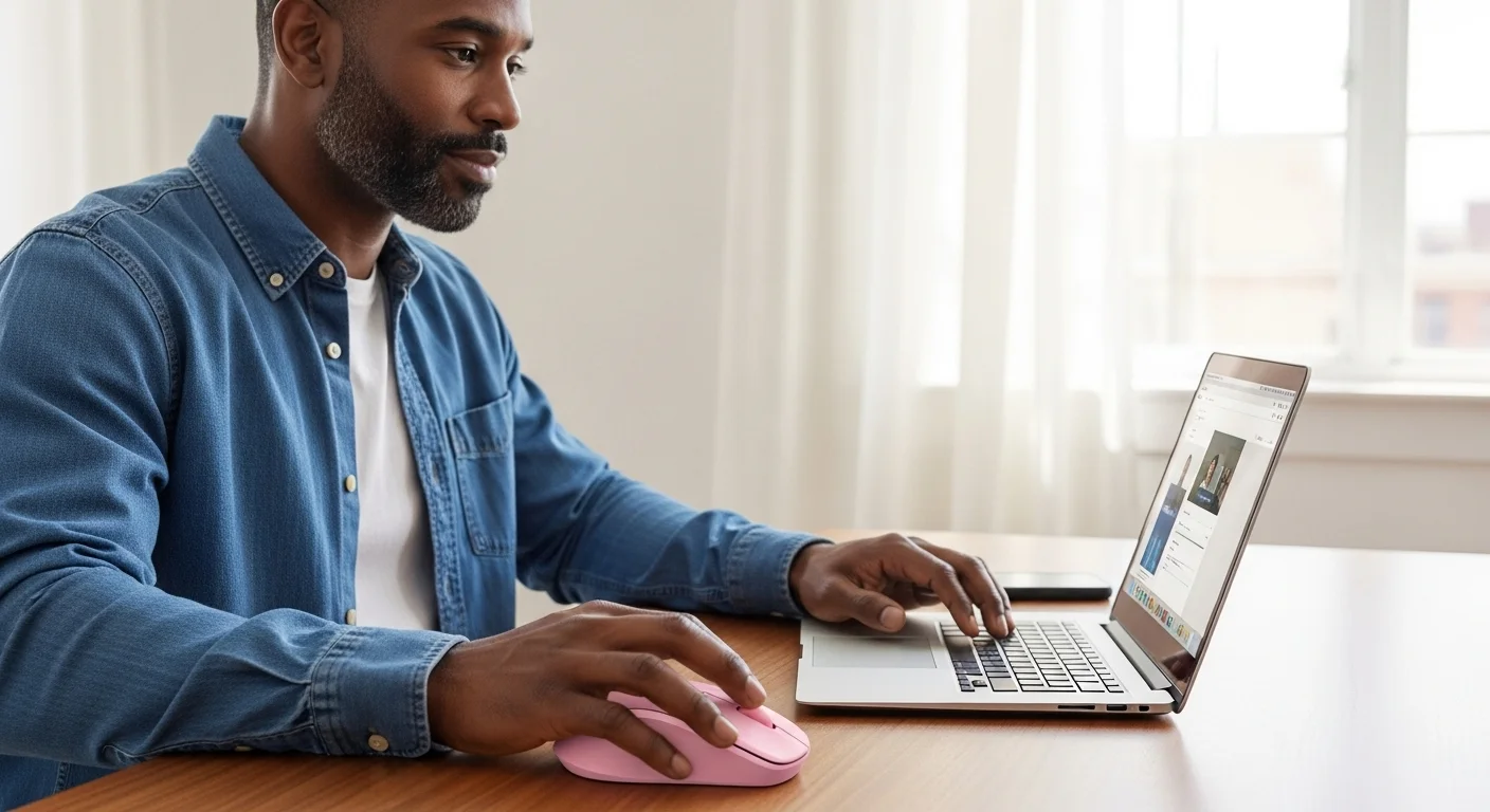 Una persona utilizando un mouse Logitech M350 de color rosa junto a una laptop en un escritorio de madera minimalista.