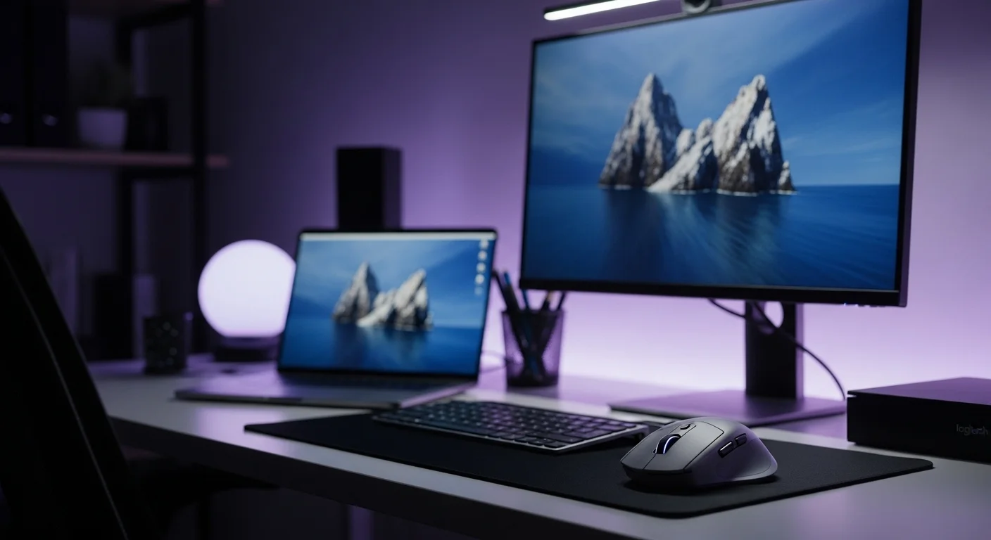 Un escritorio de trabajo moderno con un ordenador portátil, un monitor externo y un ratón Logitech Master 3S en primer plano, simbolizando la productividad y la tecnología.